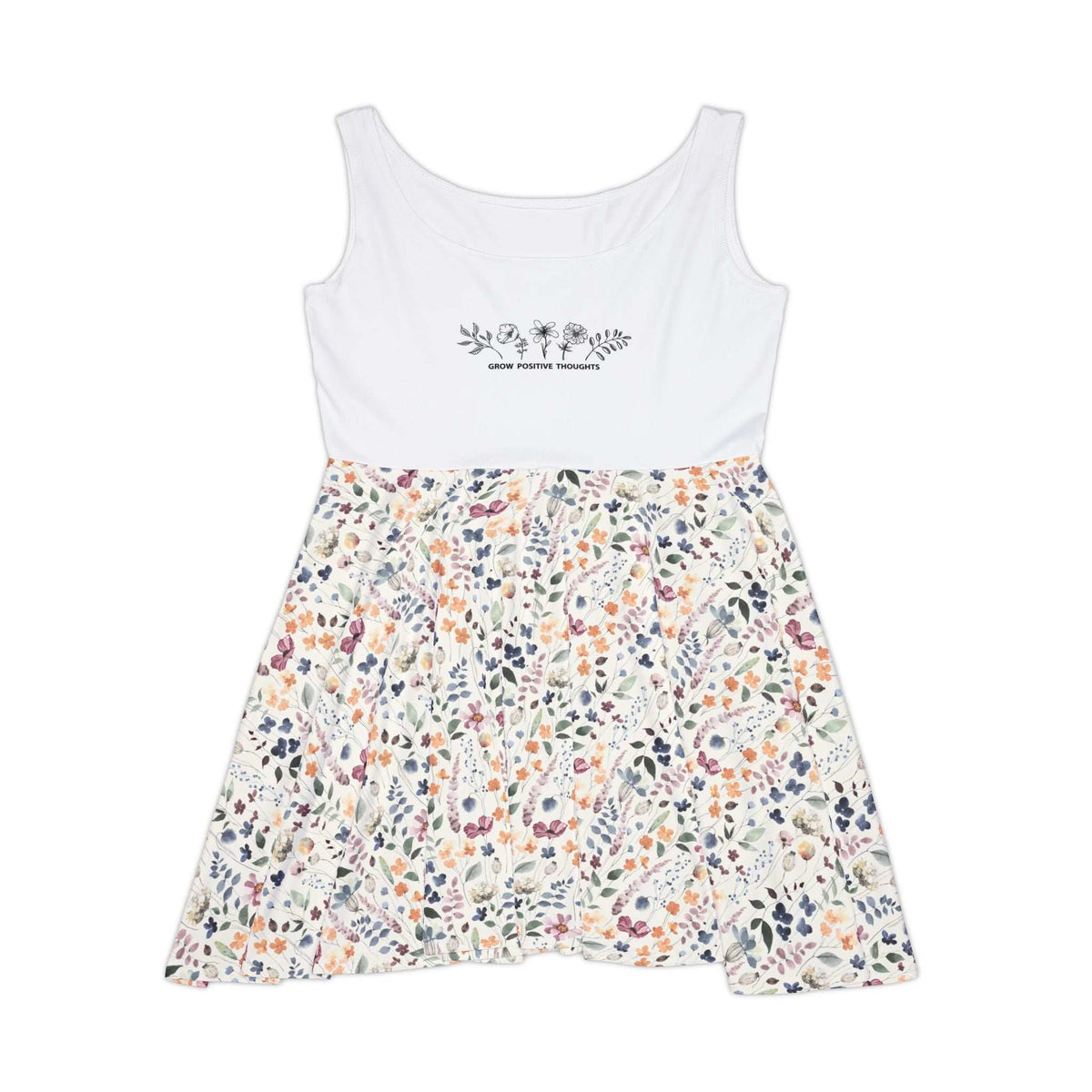 White and floral skater dress with "Grow positive thoughts" text