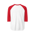 White and red 3/4 sleeve raglan shirt