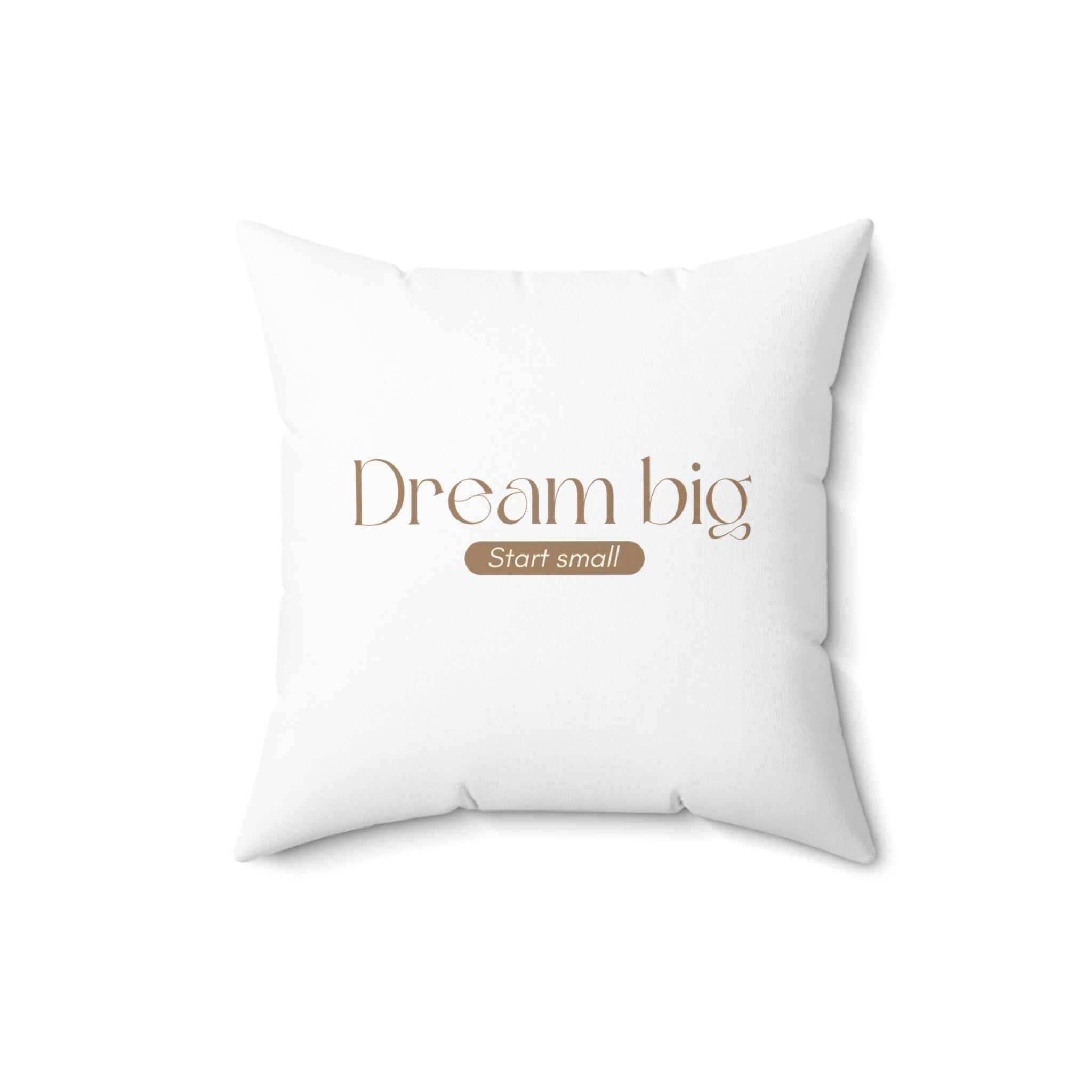 White Dream Big pillow with motivational text "Dream big Start small" and concealed zipper