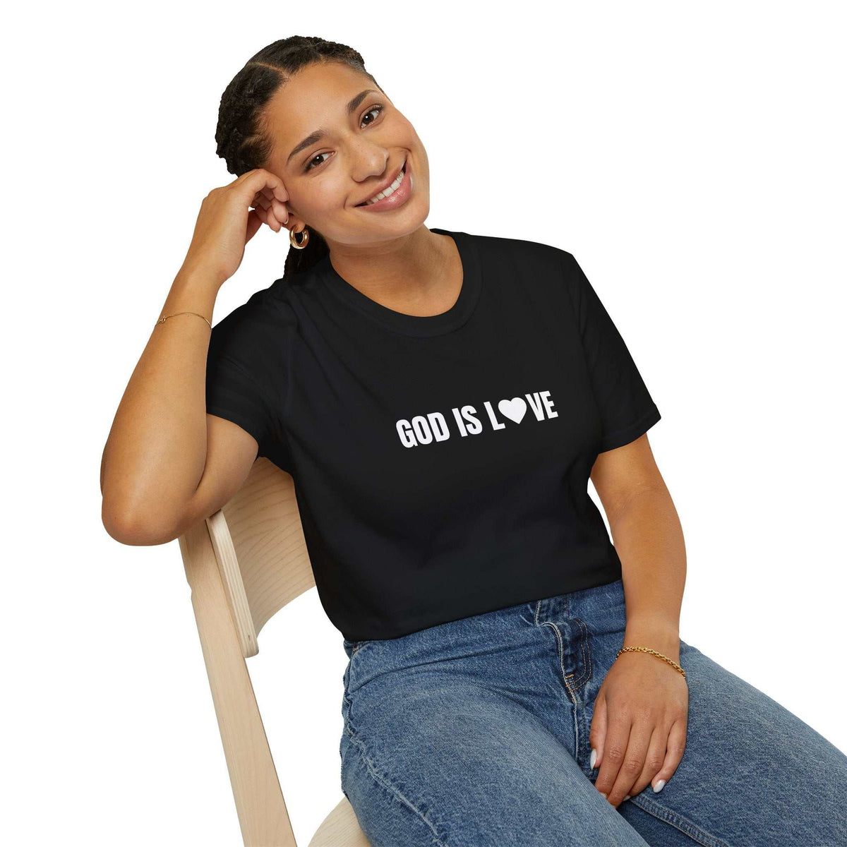 God Is Love T-Shirt front design on a white shirt with clean background