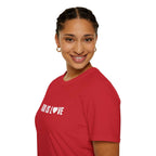 Woman wearing God Is Love T-Shirt red