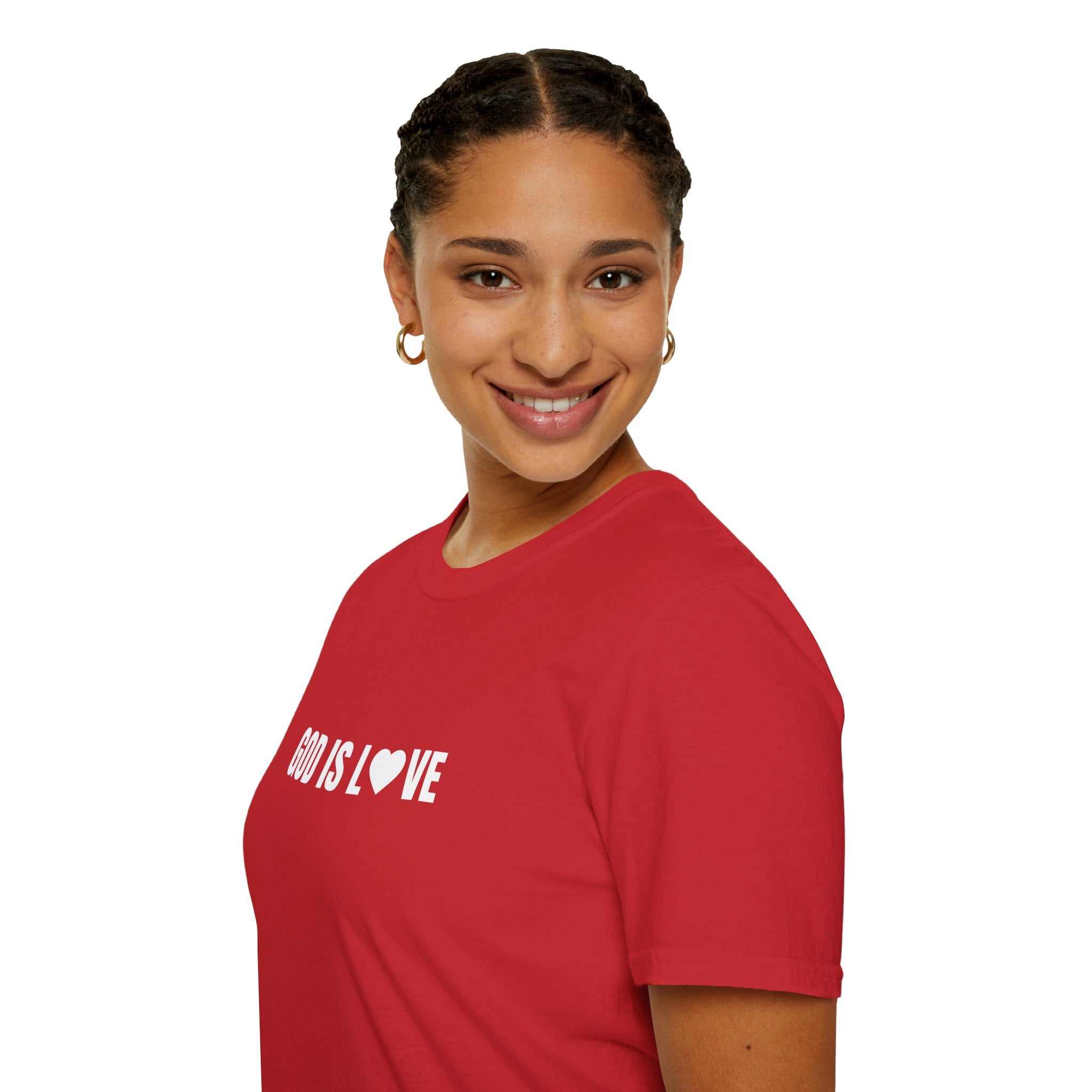 Woman wearing God Is Love T-Shirt red
