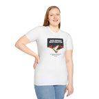 Woman wearing a white Restored by Grace faith statement T-shirt with a dove and "God Brings Restoration" text