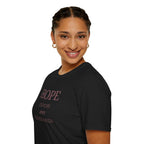 Woman wearing black Hope T-Shirt with inspirational text in multiple languages