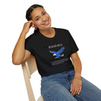 Woman wearing black Isaiah 40:31 T-shirt with eagle graphic sitting on wooden chair