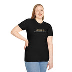Woman wearing black Jesus Is Lord T-Shirt with gold text