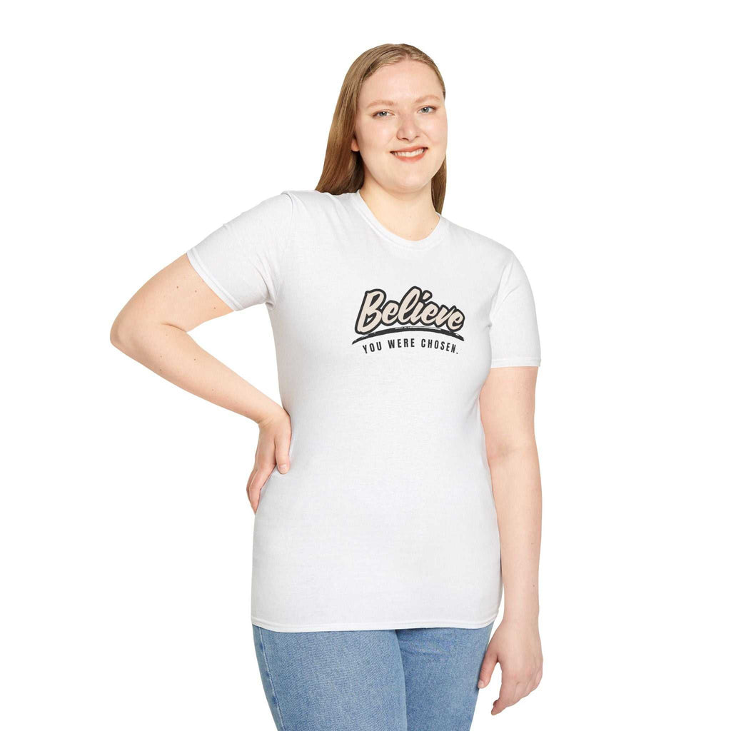 Woman wearing white Chosen & Beloved t-shirt with "Believe You Were Chosen" text and blue jeans
