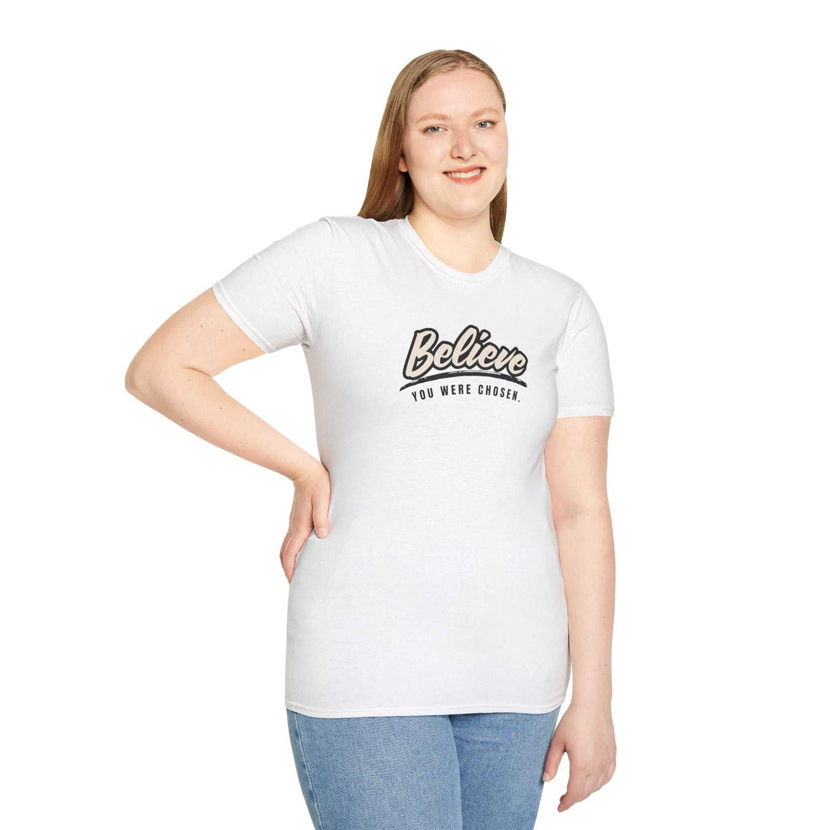 Woman wearing white Chosen & Beloved t-shirt with "Believe You Were Chosen" text and blue jeans
