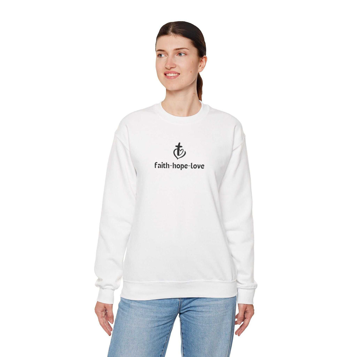Woman wearing white faith-hope-love sweatshirt with classic fit and cotton blend