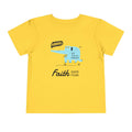 Yellow toddler T-Shirt with faith over fear slogan and blue elephant graphic