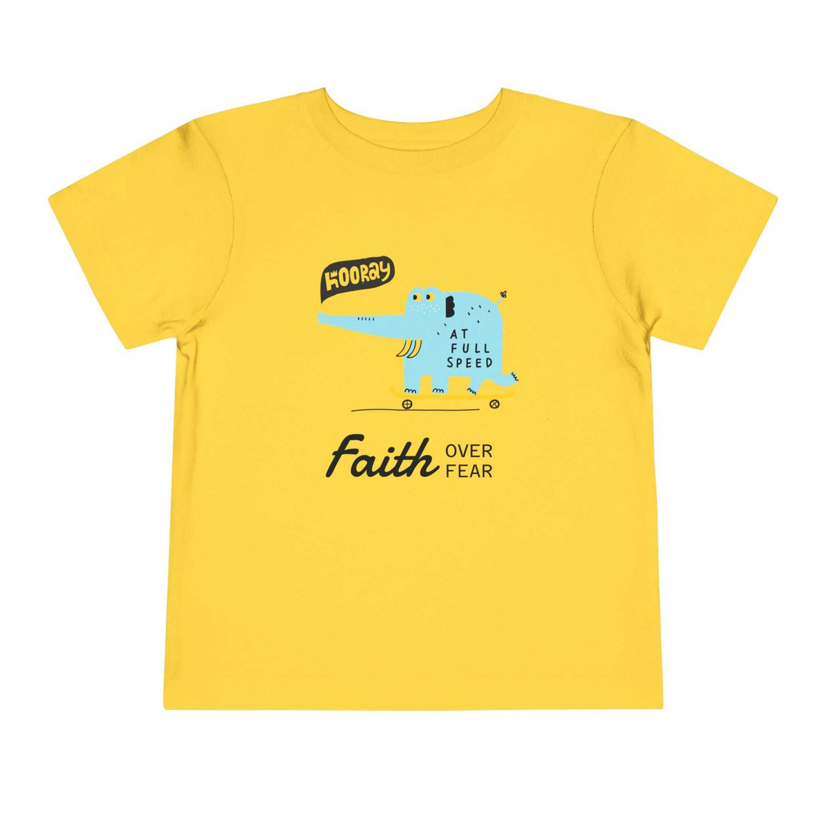 Yellow toddler T-Shirt with faith over fear slogan and blue elephant graphic