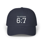 navy blue Galatians 6:7 cap with white embroidered text