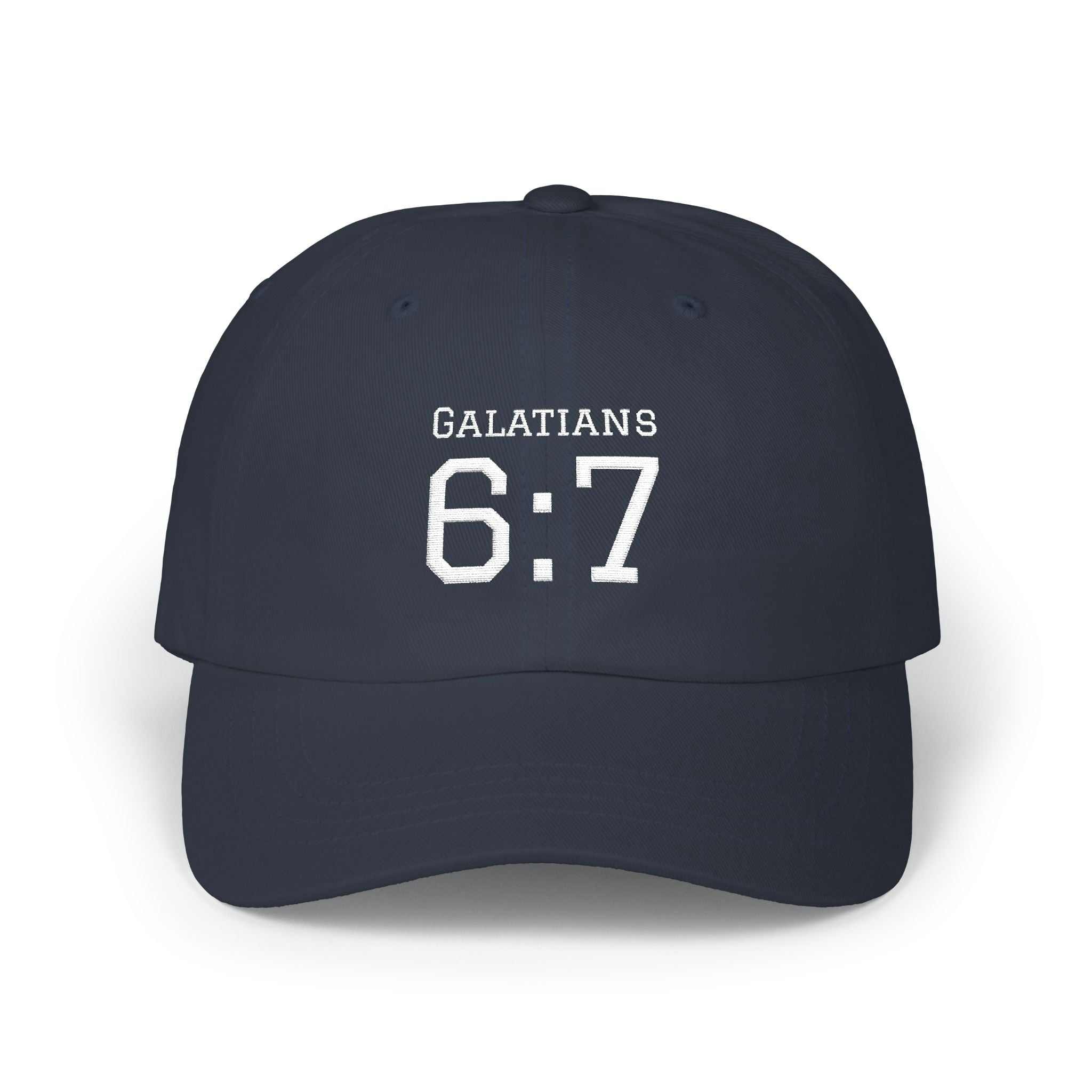 navy blue Galatians 6:7 cap with white embroidered text