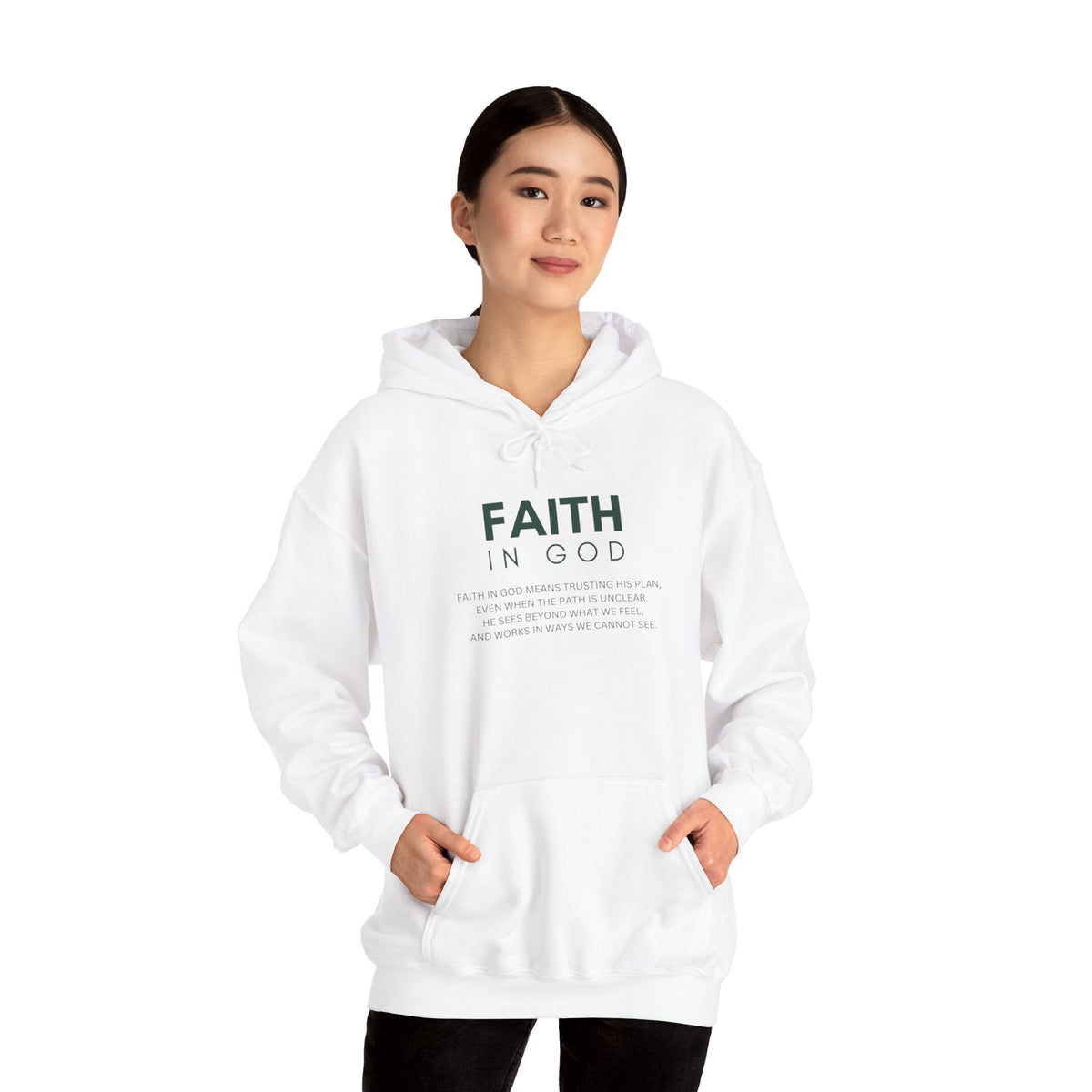Woman wearing white Faith In God hoodie with front pocket and spiritual text design